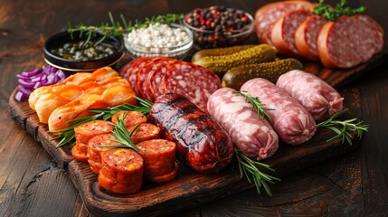 wooden platter with gourmet sausages, pickles, embodying a rustic charcuterie concept, offering a variety of flavors in a cozy setting