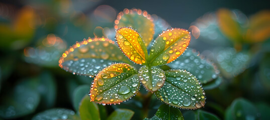 A close-up of nature scrubland plants with morning dew glistening on the leaves