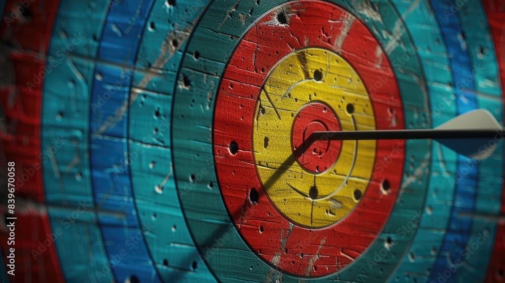 Poster a target with three colored rings and an arrow pointing towards its center