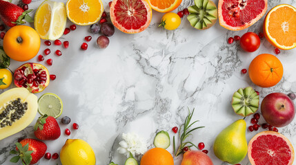 A marble background with various fruits and vegetables.png