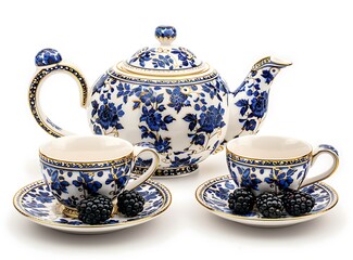 A set of elegant porcelain tea set with a blue and white pattern, golden trim on the sides, including a coffee pot, teacup, saucer, and plate