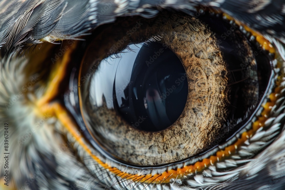 Poster a close-up view of a bird of prey's eye, with sharp focus on the iris and pupil