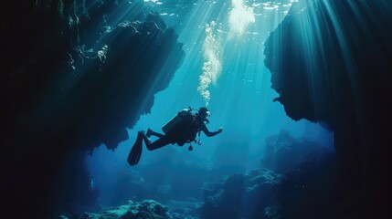 A person wearing a scuba suit swims in an underwater cave, suitable for use in travel or adventure related contexts