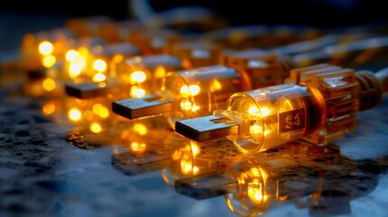 "Illuminated Data Cables Transmitting Information in Futuristic Setting"