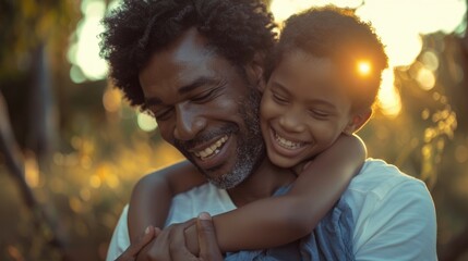 A fatherly figure embracing a small child