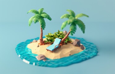 Obraz premium A tiny isometric desert island with palm trees and a sun lounger on the beach, against a simple blue background