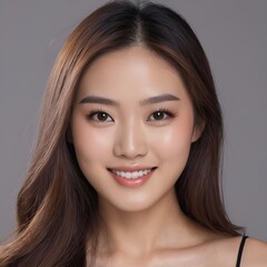 Fototapeta premium Pretty Asian beauty woman long hair with japanese makeup glowing face and healthy facial skin portrait smile on isolated grey background