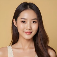 Naklejka premium Pretty Asian beauty woman long hair with japanese makeup glowing face and healthy facial skin portrait smile on isolated light yellow background