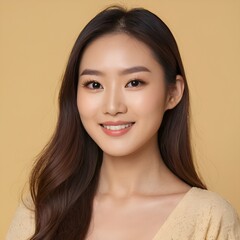 Naklejka premium Pretty Asian beauty woman long hair with japanese makeup glowing face and healthy facial skin portrait smile on isolated light yellow background