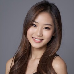 Naklejka premium Pretty Asian beauty woman long hair with japanese makeup glowing face and healthy facial skin portrait smile on isolated grey background