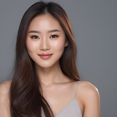 Naklejka premium Pretty Asian beauty woman long hair with japanese makeup glowing face and healthy facial skin portrait smile on isolated grey background