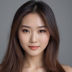 Naklejka premium Pretty Asian beauty woman long hair with japanese makeup glowing face and healthy facial skin portrait smile on isolated grey background