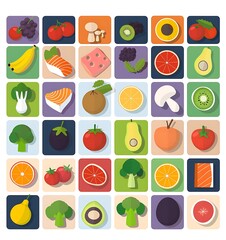 A set of flat vector icons for healthy food, with squares in different colors and shapes representing 