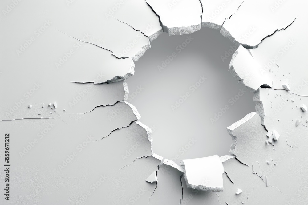 Poster a hole in a wall on a white background, perfect for use as a placeholder or design element