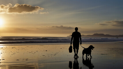 Silhouette of a Man Walking with His Dog on a Sunset Beach