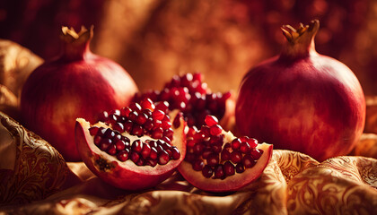 Vibrant pomegranates on ornate silk fabrics with golden accents