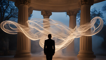 Ethereal dreamlike scene with algebraic expressions and ancient Greek columns