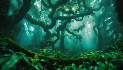 Vibrant Rainforest with Ancient Trees and Misty Fog