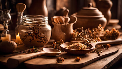 Vintage wooden spoons with floral carvings on rustic countertop