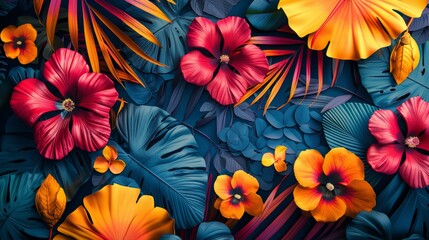 Obraz premium botanical pop art, modern collage banner with vivid botanical elements, showcasing colorful flowers and leaves on a geometric backdrop for a pop art vibe