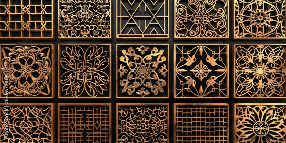Poster a close-up shot of a wall with multiple designs and patterns, suitable for use in design inspiration