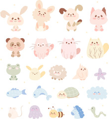 Set of cute kawaii animals in hand draw flat style. Rabbit, hare, cat, bear, frog,sheep, bird, snake, turtle,fish, bee, cloud, star, mouse, octopus,dog,dolphin,unicorn. Vector illustration
