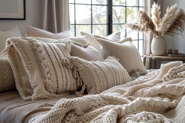 Cozy bedroom with knitted pillows and blankets in neutral tones