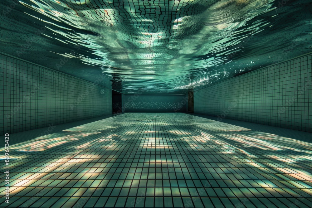 Poster a serene underwater scene from a swimming pool with a tiled floor, suitable for use in lifestyle or 