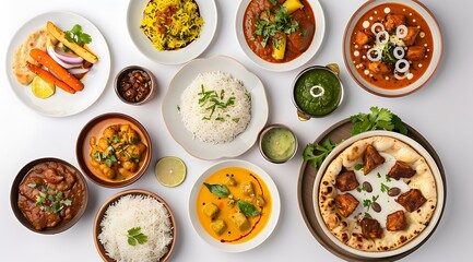 A set of Indian food dishes on a white background, in a top view, flat lay, photo stock