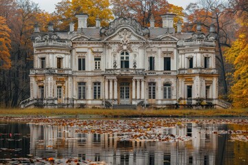 Fototapeta premium Tranquil classic white house nestled in forest with picturesque lotus garden and serene lake setting