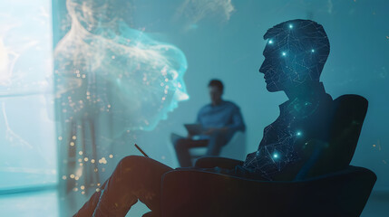 therapist with mental health hologram and man on tablet providing counseling, digital therapy, and evening overlay. generative ai