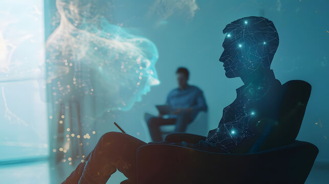 therapist with mental health hologram and man on tablet providing counseling, digital therapy, and evening overlay. generative ai