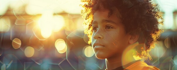 Fototapeta premium Afro boy kid rugby player stands inside a football stadium, sportsmen active lifestyle banner. Gemerative Ai.