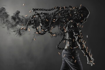 A man with chains on his body holds a cigarette in his mouth, symbolizing captivity and addiction