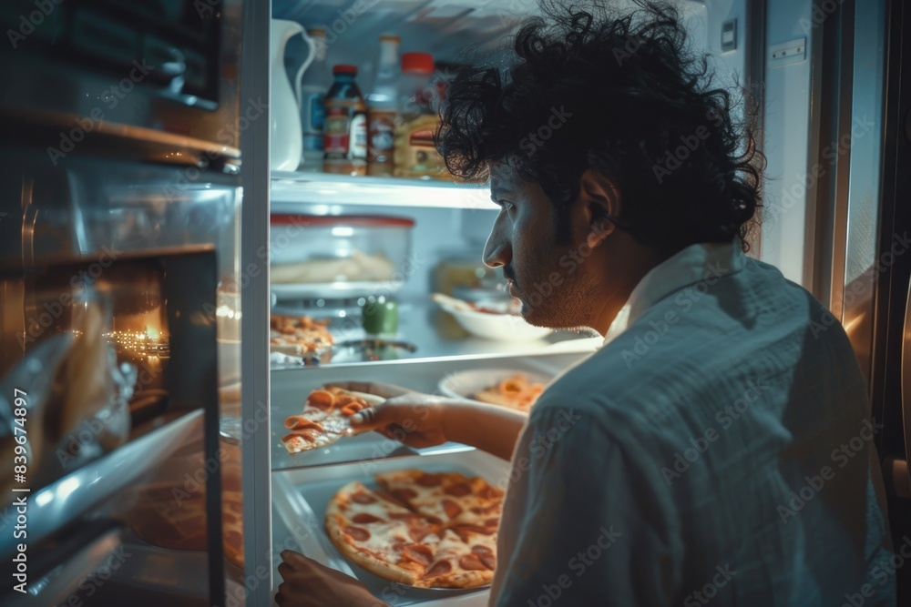Poster a person examining the inside of an open fridge, possibly searching for something or checking expira