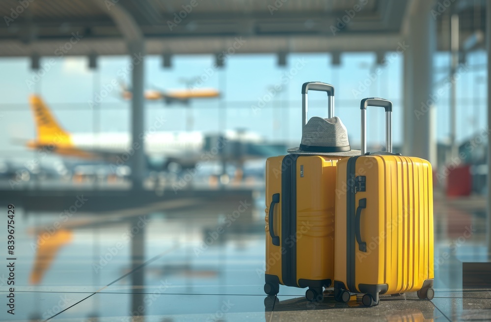 Wall mural Two Yellow Suitcases Resting in Airport Terminal