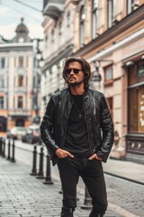 A man wearing a black leather jacket and matching pants, suitable for street fashion or urban lifestyle scenes