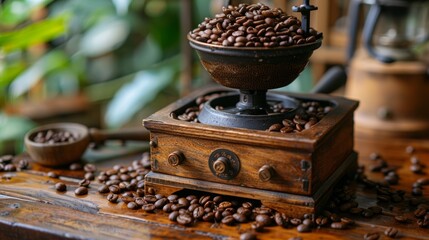 mockup banner featuring a vintage manual coffee grinder, roasted coffee beans, and a rustic wooden table, illustrating the concept of coffee brewing - Powered by Adobe