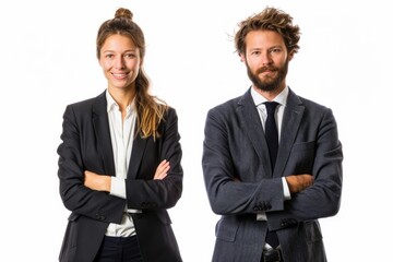 A man and a woman stand side by side in complementary outfits, exuding a sense of togetherness and balance