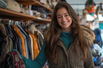 A smiling lady in a teal shirt browses a thrift store, showcasing a selection of second-hand clothing and knick-knacks