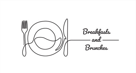 Continuous one line art or One Line Drawing of plate, knife and fork. Restaurant concept hand draw line art design vector illustration for cafe, shop or food delivery service