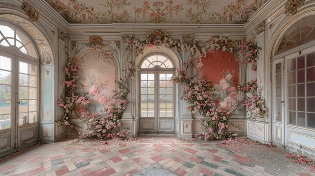 rococo interior design, the intricate floral designs and soft pastel colors on the walls exude an elegant and sophisticated vibe in the rococo style