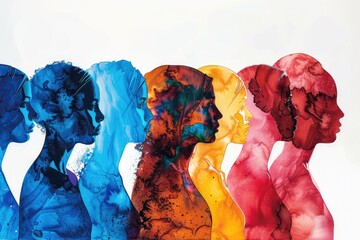 A row of varied colored figures stand shoulder to shoulder, creating a striking display of diversity and togetherness