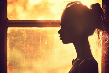 A mysterious silhouette of a woman looking contemplative as she gazes out a window into the unknown
