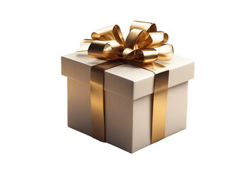 White gift box with golden ribbon isolated on transparent background cutout