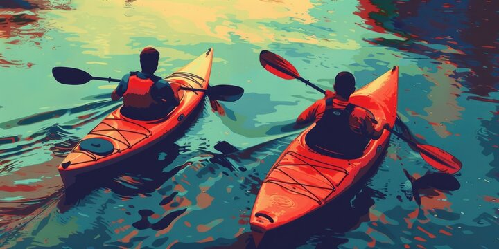 Two individuals paddling kayaks in calm waters, suitable for outdoor recreation or lifestyle imagery