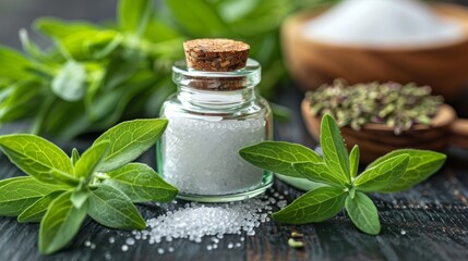 glass bottle contains stevia extract with green leaves, a concept background for zero-calorie sweetening option