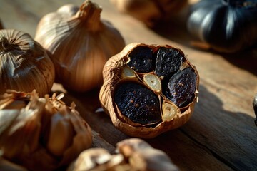 A detailed shot of halved black garlic heads reveals their tender, burgundy flesh. Slow fermentation brings forth a sweet, caramel flavor and subtle aroma