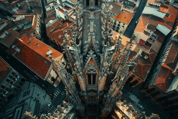 A city seen from above, featuring a prominent central building