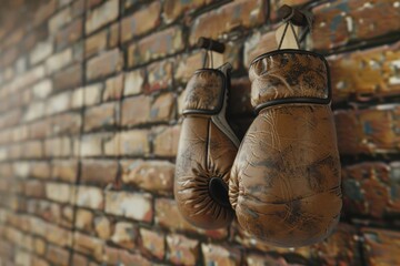 A pair of vintage boxing gloves hang from a brick wall, perhaps as a nostalgic reminder or a symbol of past achievements